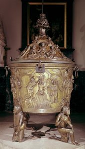 Taufbecken mit einem Reliefpanel der Taufe Christi, getragen von vier knienden Figuren, die die Flüsse des Paradieses darstellen, deutsch, ca. 1225-30 (Bronze)