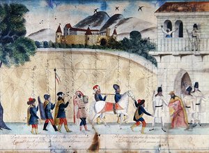 Beschreibung der Legende des Landtausches in Ungarn gegen das Geschenk eines weißen Pferdes an den mährischen König Svatopluk von School Hungarian