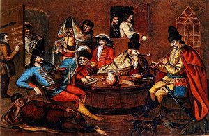 Rebellensoldaten von Prinz Ferenc Rakoczi II. entspannen mit Gefährten von School Hungarian