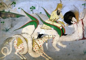 Ein berittener Krieger greift einen Drachen an, Illustration aus einem Buch über indische Mystiker