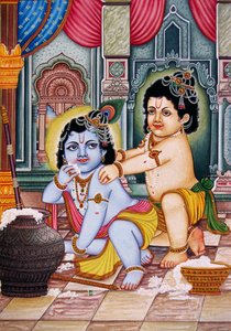 Bal Krishna mit Balram Miniaturmalerei auf Papier von School Indian