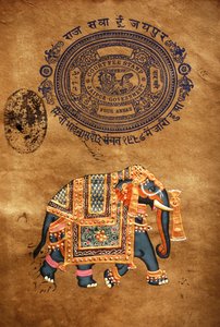 Elefant, handgemalte Malerei & altes Stempelpapier, Jaipur, Rajasthan, Indien von School Indian