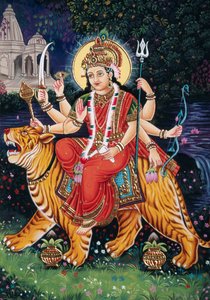 Göttin Durga Miniaturmalerei auf Papier mit Stickerei