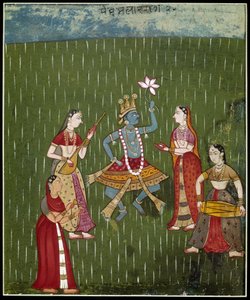 Göttin Krishna tanzt im Regen mit Musikern (Miniatur)