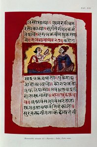 Illustration einer Rigveda-Manuskriptseite (Farblithografie)