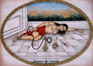 Dame genießt Hookah und Getränk, Miniaturmalerei auf Papier von School Indian