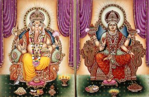 Lord Ganesh Ganpati Göttin und Lakshmi Miniaturmalerei auf Elfenbein von School Indian