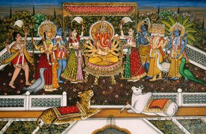 Lord Ganesh mit Brahma, Vishnu, Shiva, Durga, Miniaturmalerei auf Papier