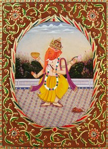 Herr Ganesha Ganpati Miniaturmalerei auf Papier mit Stickerei von School Indian