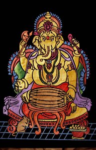 Lord Ganesha Ganpati spielt ein Musikinstrument, Stickarbeit von School Indian