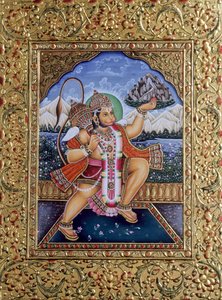 Herr Hanuman, Miniaturmalerei auf Papier mit Goldstickerei von School Indian
