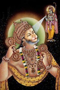 Lord Hanuman und Rama Miniaturmalerei auf Papier
