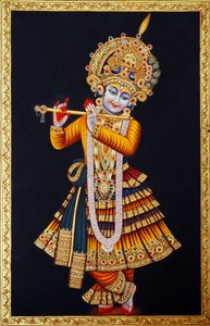 Herr Krishna spielt Flöte Miniaturmalerei auf Papier