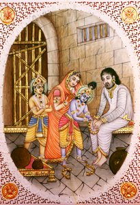 Miniatur-Elfenbeinmalerei von Krishna Balram und Devaki Vasudeva