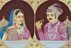 Miniaturmalerei von Akbar und Jodha Bai Indien Asien von School Indian