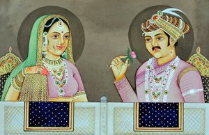 Miniaturmalerei von Akbar mit Jodha Bai Indien Asien von School Indian