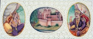 Miniaturmalerei des Mogulkaisers Bahadur Shah Zafar mit Ehefrau Zeenat Mahal