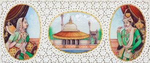 Miniaturmalerei des Mogulkaisers Humayun mit Ehefrau Jhanvi