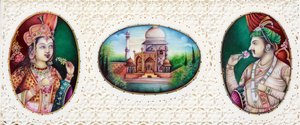 Miniaturmalerei des Mogulkaisers Jahangir mit Ehefrau Noorjahan von School Indian