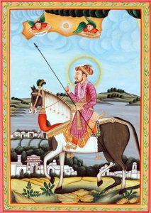 Miniaturmalerei des Mogulkaisers Shah Jahan auf einem Pferd sitzend von School Indian