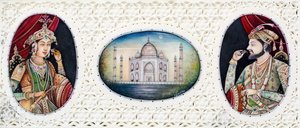 Miniaturmalerei von Mughal-Kaiser Shah Jahan mit Frau Mumtaz Mahal