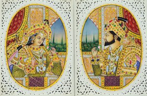Miniaturmalerei von Shah Jahan mit Frau Mumtaj Mahal Indien Asien von School Indian