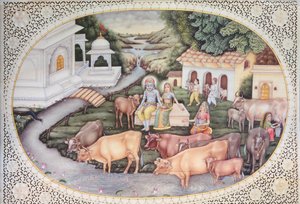 Miniatur von Krishna, eine Milchmagd sitzt auf einem Feld mit Vieh von School Indian