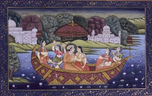 Mogul-Miniaturmalerei, König in Liebesszene und Musikgenuss im Boot von School Indian