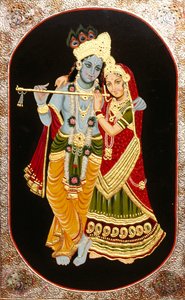 Malerei von Gott Krishna & seiner größten Verehrerin Radha, Indien von School Indian