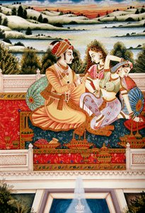 Malerei des Mogulkaisers mit seinen Frauen in Liebesszene, Indien