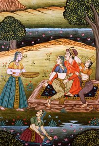 Malerei des Mogulkaisers mit seinen Frauen in Liebesszene, Indien