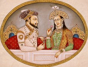 Porträt des Mogulkaisers Shah Jahan mit Königin Mumtaz Mahal, Indien