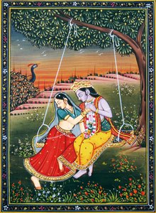 Radha Krishna genießen Jhoola Miniaturmalerei auf Papier von School Indian