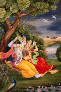 Radha Krishna genießen Jhoola Miniaturmalerei auf Papier von School Indian