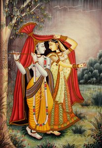 Radha Krishna Miniaturmalerei im Monsun auf Papier von School Indian