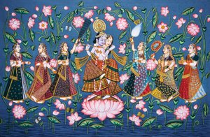 Radha Krishna mit Sakhis Miniaturmalerei auf Papier von School Indian