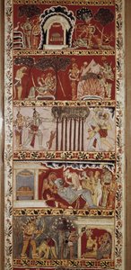 Szenen aus dem Ramayana, einem im 6. Jahrhundert von Valmiki verfassten Epos, das die Legende von Rama erzählt. Westbengalen. Victoria & Albert Library. London von School Indian