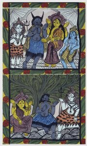 Shiva gibt Ganesha (Ganesh oder Ganapati) das Leben, in den Armen ihrer Mutter Parvati, nachdem er ihr in einem Wutanfall den Kopf abgeschlagen hatte. Pat: bemalte Rolle aus der Region Bengalen, die als Erzählmedium für Baoul-Musiker (oder Baul) dient. Leo