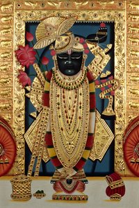 Shri Lord Shree Nathji oder Shreenathji in Nathdwara Miniaturmalerei auf Papier mit Goldprägung von School Indian