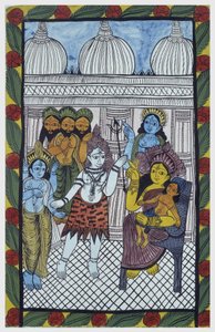 Die Götter kommen, um Krishna zu bewundern, verkörpert im Körper eines schönen Kindes, Ganesha (Ganesh oder Ganapati) sitzt auf den Knien seiner Mutter Parvati. Pat: bemalte Rolle aus der Region Bengalen, dient als Erzählmedium für Sänger Baoul (Baul). Leo