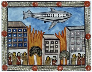 Die Geschichte der Anschläge vom 11. September 2001 erzählt von den Baul-Händlern aus Bengalen. Malerei, Serie, Nummer 6/9, Bengalen. von School Indian