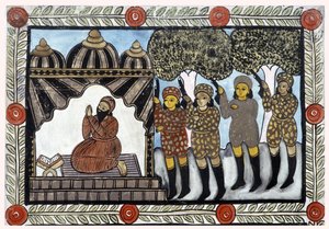 Die Geschichte der Anschläge vom 11. September 2001 erzählt von den Baul-Händlern aus Bengalen. Malerei, Serie, Nummer 1/9, Bengalen. von School Indian