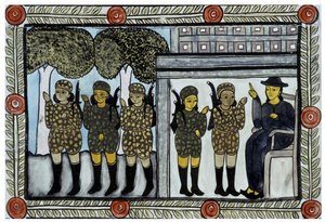 Die Geschichte der Anschläge vom 11. September 2001 erzählt von den Baul-Händlern aus Bengalen. Malerei, Serie, Nummer 4/9, Bengalen. von School Indian