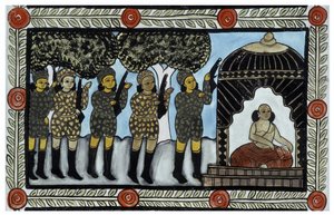 Die Geschichte der Anschläge vom 11. September 2001 erzählt von den Händlern Baul aus Bengalen. Malerei, Serie, Nummer 2/9, Bengalen. von School Indian
