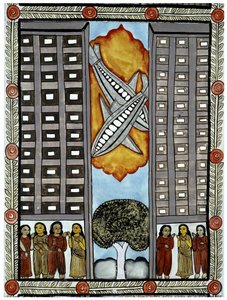 Die Geschichte der Anschläge vom 11. September 2001 erzählt von den Baul-Händlern aus Bengalen, eine Illustration der Flugzeuge, die am World Trade Center in New York teilnehmen. Malerei, Serie, Nummer 3/9, Bengalen von School Indian