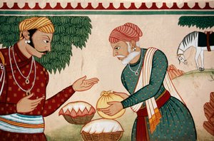 Wandmalerei des Feilschens, Jaipur, Rajasthan, Indien