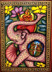 Frau sitzt auf Elefant und hält Blume, Miniaturmalerei, Indien von School Indian