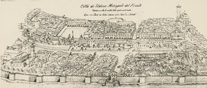 Vogelperspektive des westlichen Teils der Stadt Udine, Gravur, Italien