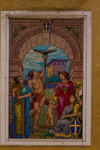 Mosaik an der Fassade eines Gebäudes in Corso Emanuele II, neben der Banca Agricola Mantovana, Mantua (UNESCO-Welterbeliste, 2008), Lombardei, Italien von School Italian