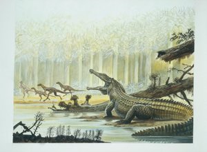 Rutiodon mit Fabrosaurus im Hintergrund, Trias-Periode